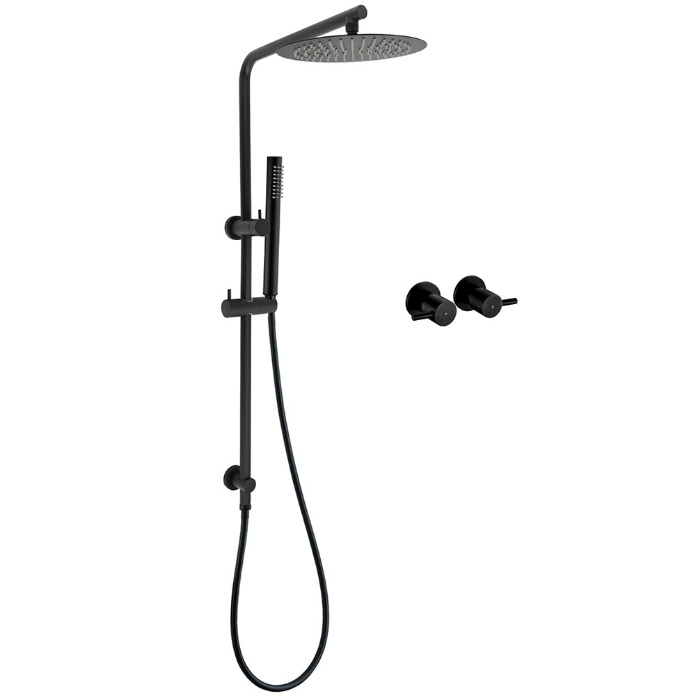 Matt Black Round 10" Rain Shower Head Brass Handheld Slide Rail Riser Arm Twin Taps Set