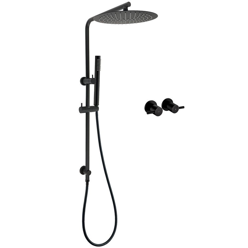 Matt Black Round 12" Rain Shower Head Brass Handheld Riser Rail Set Diverter Mixer Taps