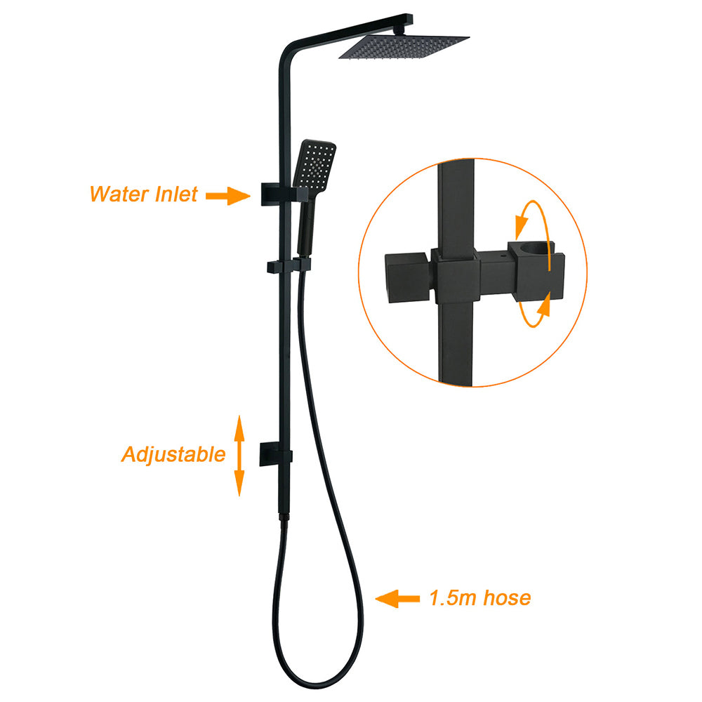 WELS Matt Black 8" Rainfall Shower Head 3 Modes Handheld Wall Rail Arm 2in1 Set