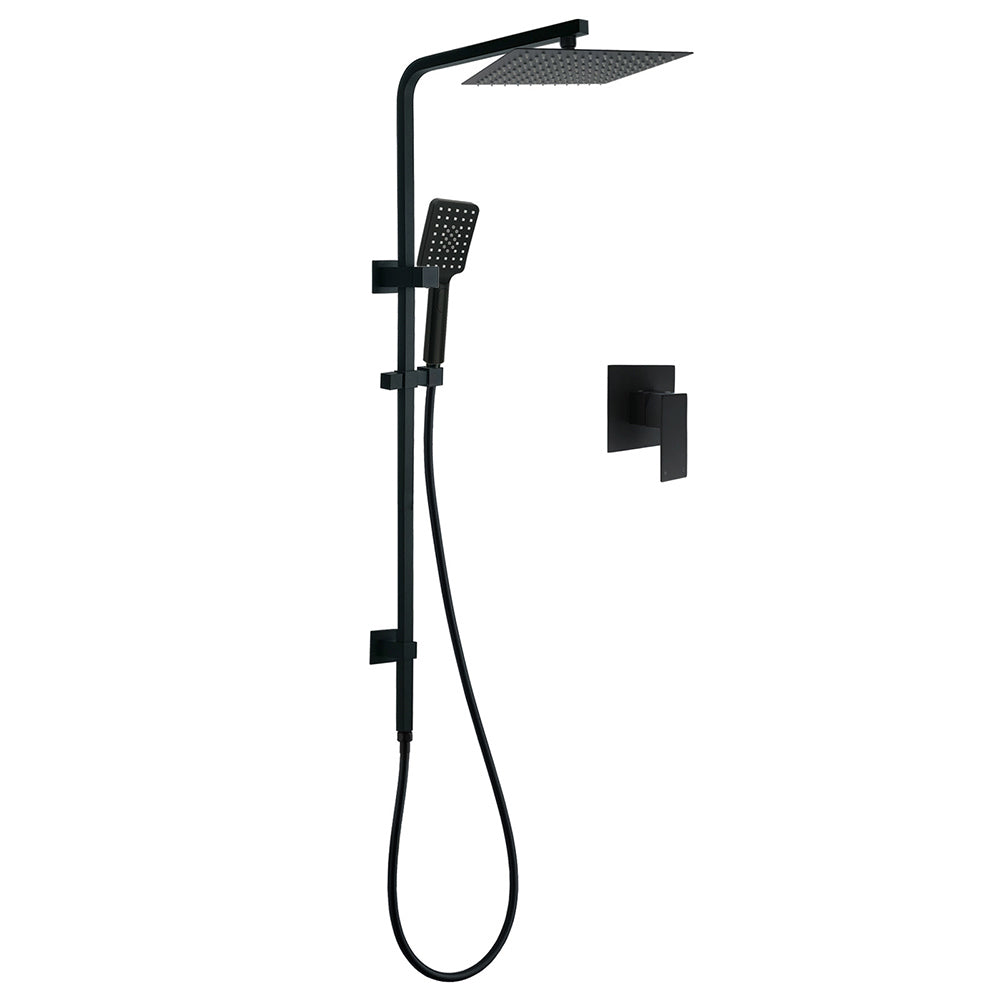 Matt Black Twin Shower Set Square 10" Rain Head 3 Modes Handheld Wall Arm Rail + Mixer