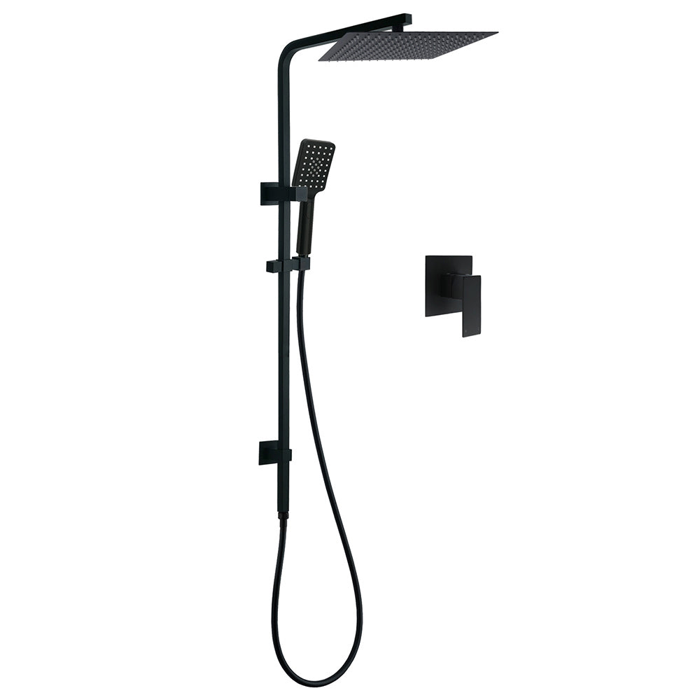 Dual Shower Square Large 12" Rainfall Head 3 Modes Handheld Wall Rail Mixer Matt Black