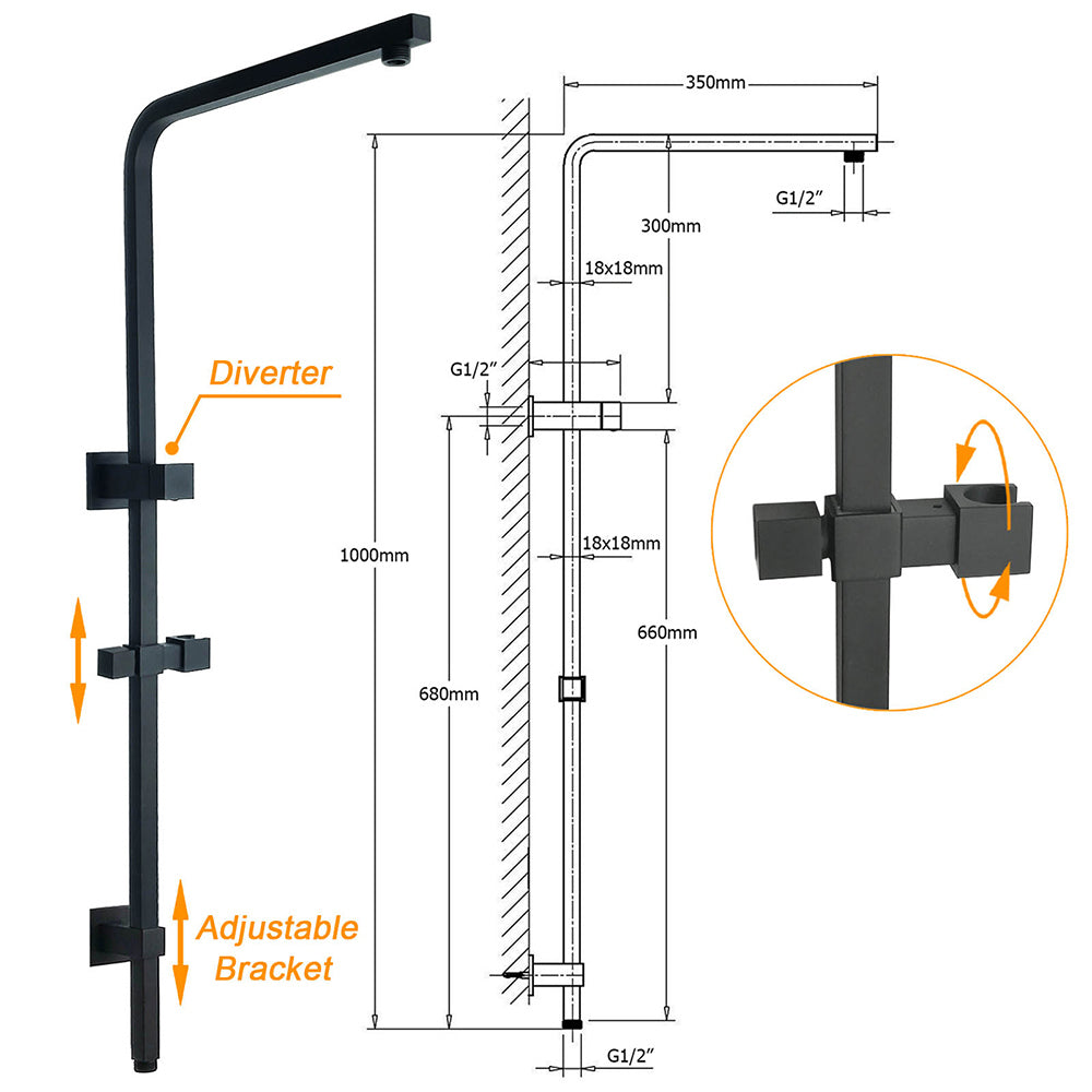 Matt Black Dual Shower Square 10" Rain Head 3 Modes Handheld Silde Rail Arm Set