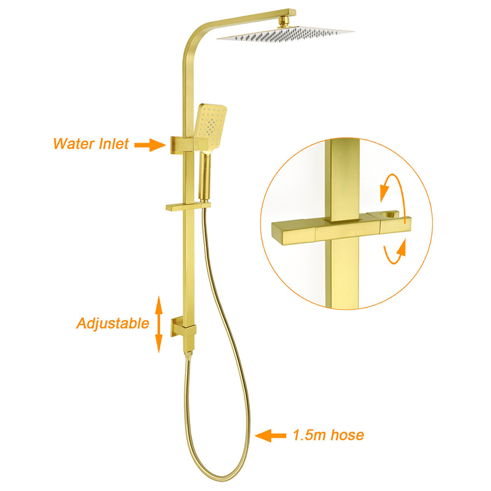 Brushed Gold Square Shower 10" Large Rain Head Handheld Silde Rail Arm 2in1 Set