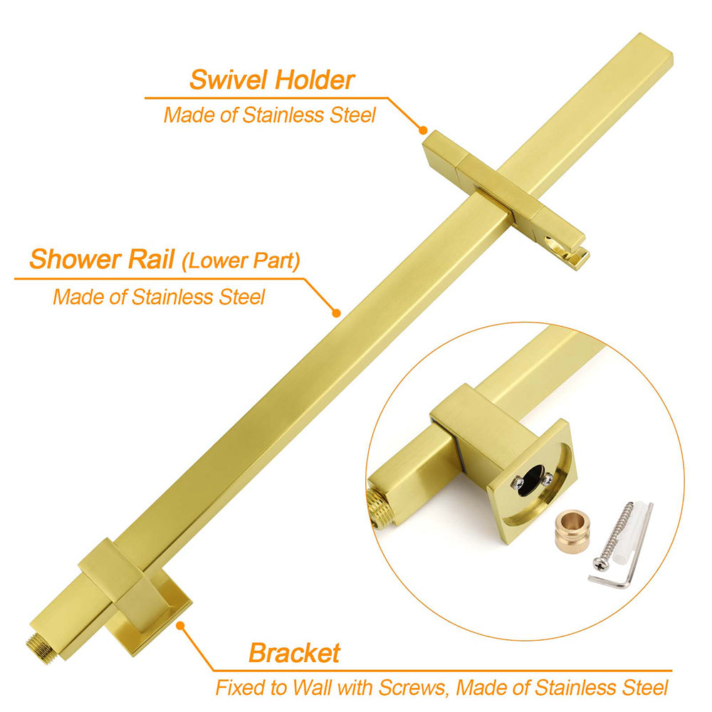 Brushed Gold Square Shower 10" Large Rain Head Handheld Silde Rail Arm 2in1 Set