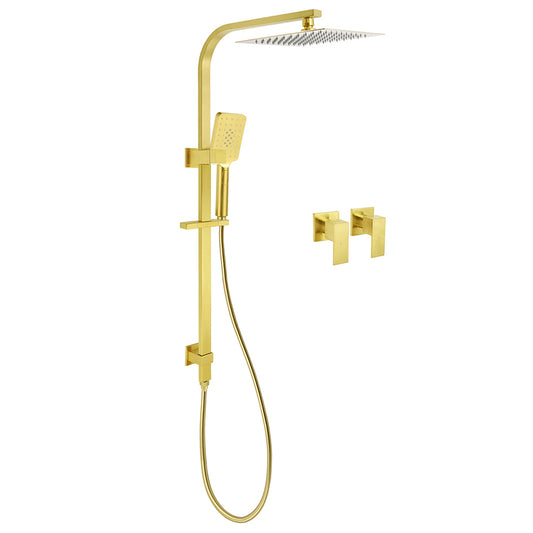 WELS Brushed Gold Square Shower 10" Thin Rain Head Handheld Silde Rail Arm 2in1 Taps Set