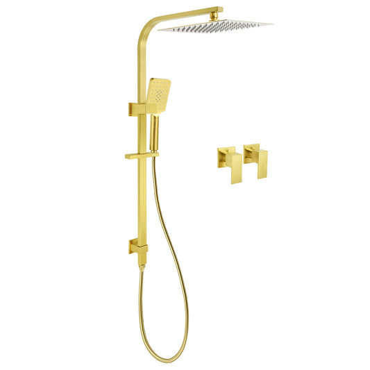 WELS Brushed Gold Square Shower 12" Large Rain Head 3 Modes Handheld Silde Rail Arm 2in1 Taps Set