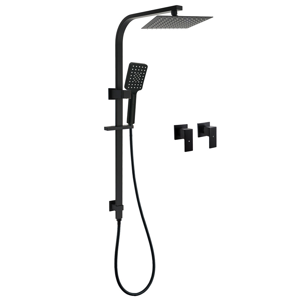 Matt Black Square Twin Shower Set 8" Rain Head 3 Modes Handheld Silde Rail Arm + Taps