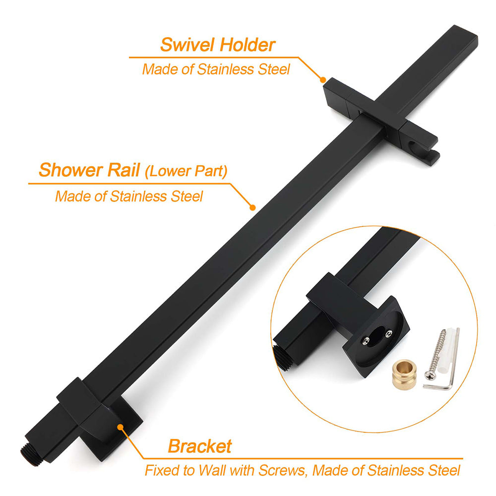 Matt Black Square Twin Shower Set 8" Rain Head 3 Modes Handheld Silde Rail Arm + Taps
