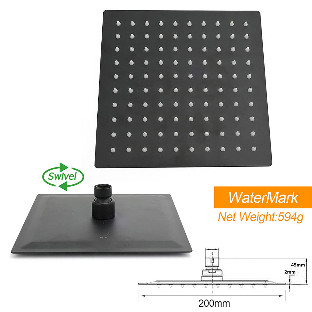 Matt Black Square Twin Shower Set 8" Rain Head 3 Modes Handheld Silde Rail Arm + Taps