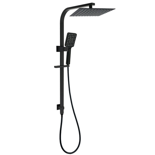 WELS Matt Black Dual Shower Set 10" Square Rain Head Handheld Silde Rail Arm Kit