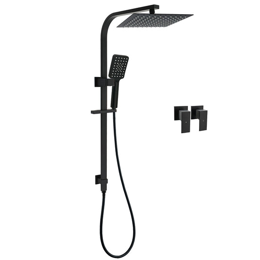 WELS Matt Black 2in1 Shower Set 10" Square Rain Head Handheld Silde Rail Arm Twin Taps