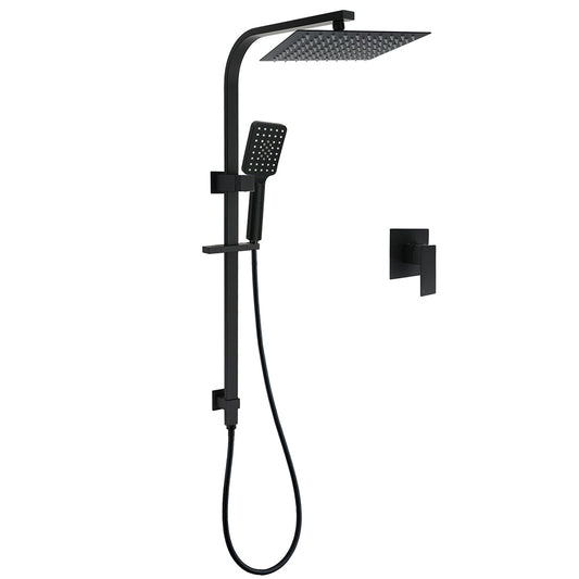 WELS Matt Black 2in1 Shower Set 10" Square Rain Head Handheld Silde Rail Arm Mixer Valve