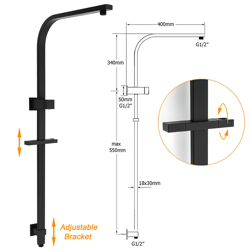 WELS Matt Black 2in1 Shower Set 10" Square Rain Head Handheld Silde Rail Arm Mixer Valve