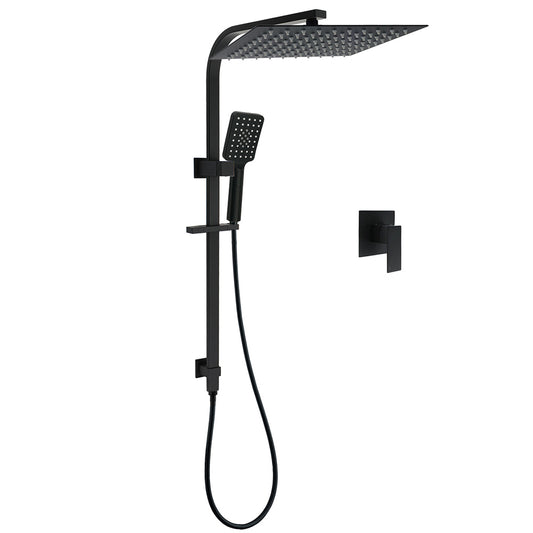 WELS Matt Black Dual Shower Set Large 16" Rainfall Head 3 Modes Handheld Silding Rail Combo Mixer