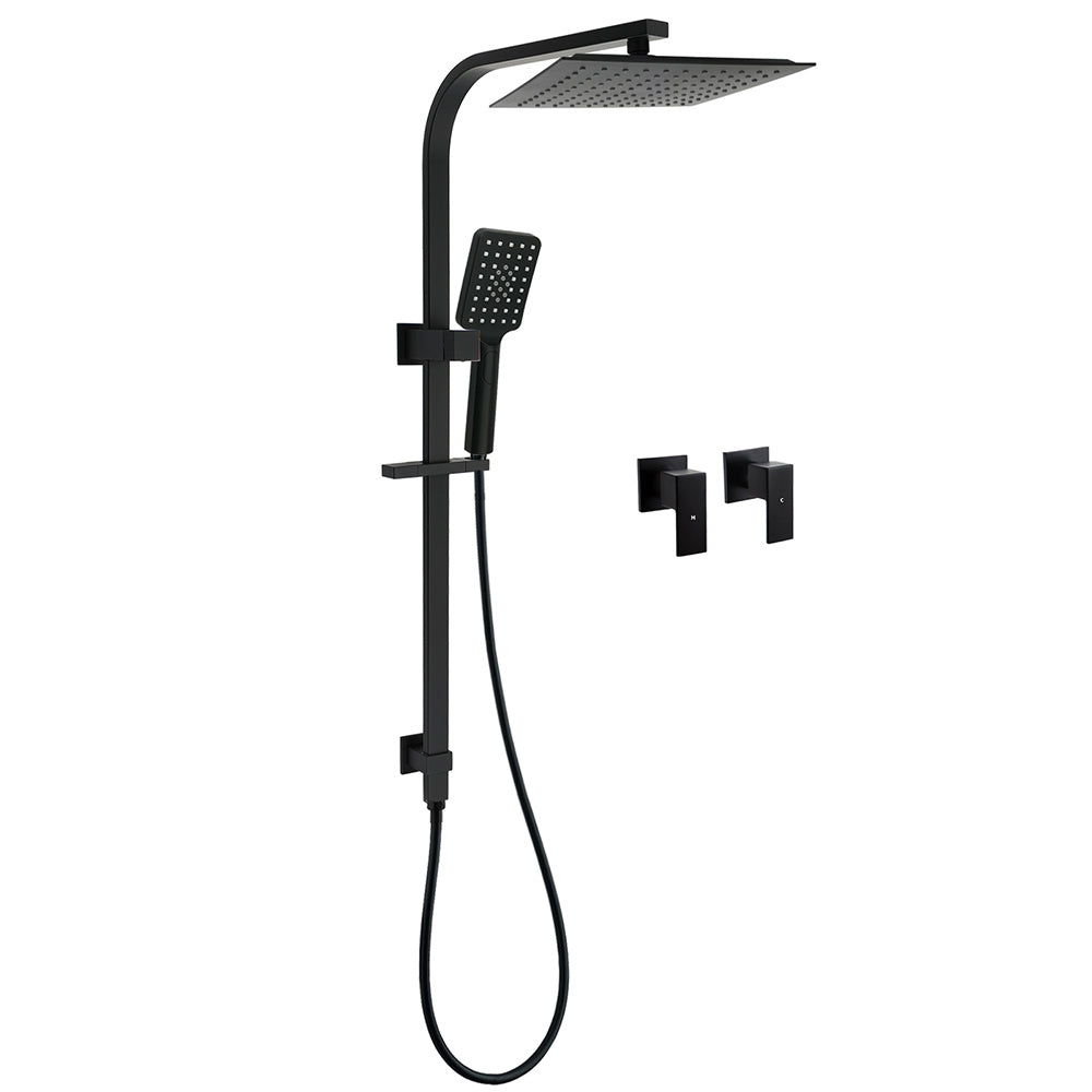 Matt Black Square Twin Shower 10" Rain Head 3 Modes Handheld Silde Rail Arm Taps Set