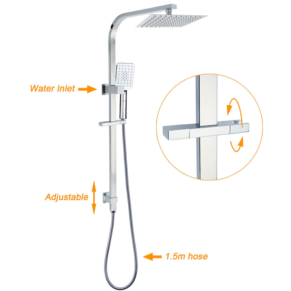 WELS Twin Square Shower Set 8" Rain Shower Head 3 Function Handheld Rail Arm Combo