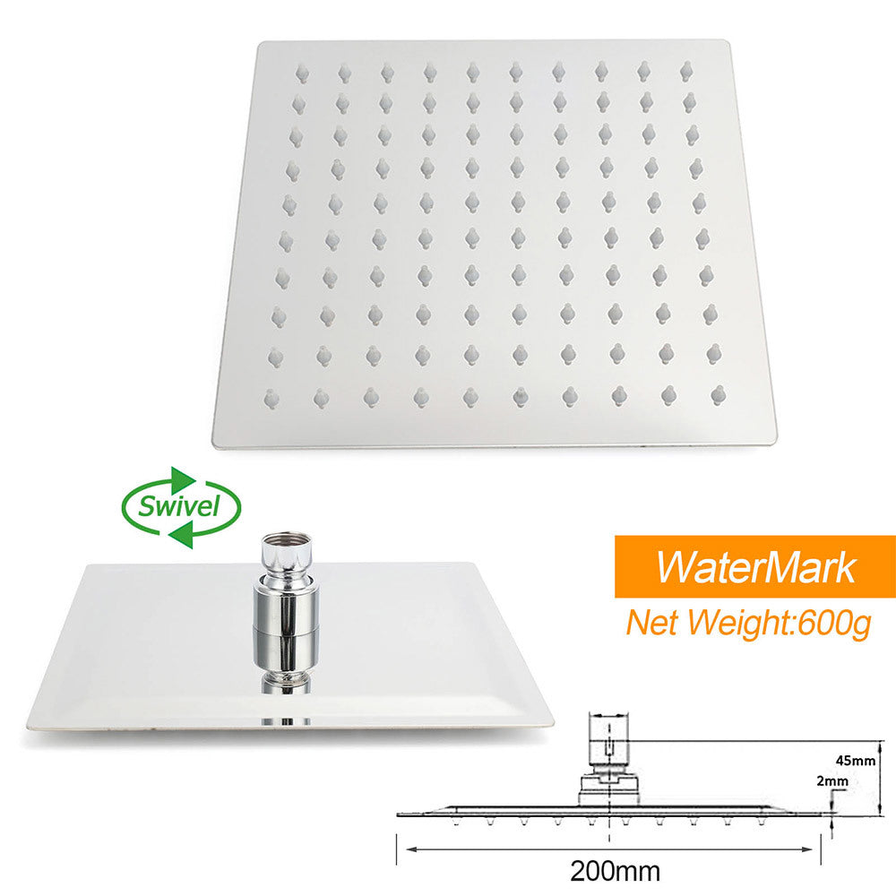 WELS Twin Square Shower Set 8" Rain Shower Head 3 Function Handheld Rail Arm Combo