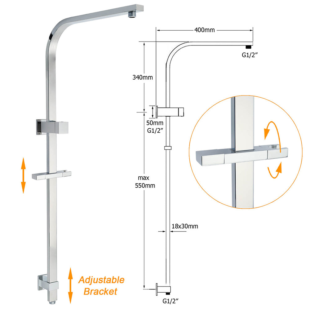 Chrome Twin Square Shower Set 8" Rain Shower Head 3 Function Handheld Rail Arm Taps