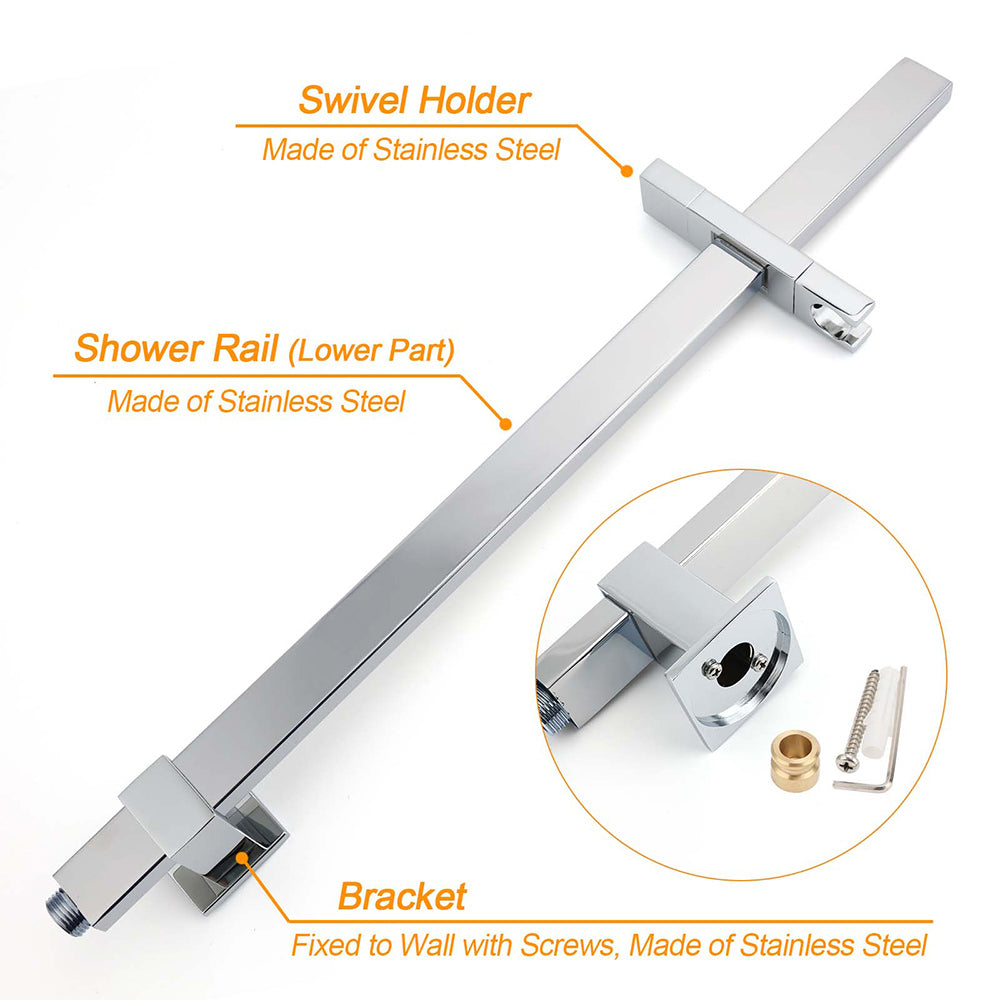 Chrome Twin Square Shower Set 8" Rain Shower Head 3 Function Handheld Rail Arm Taps