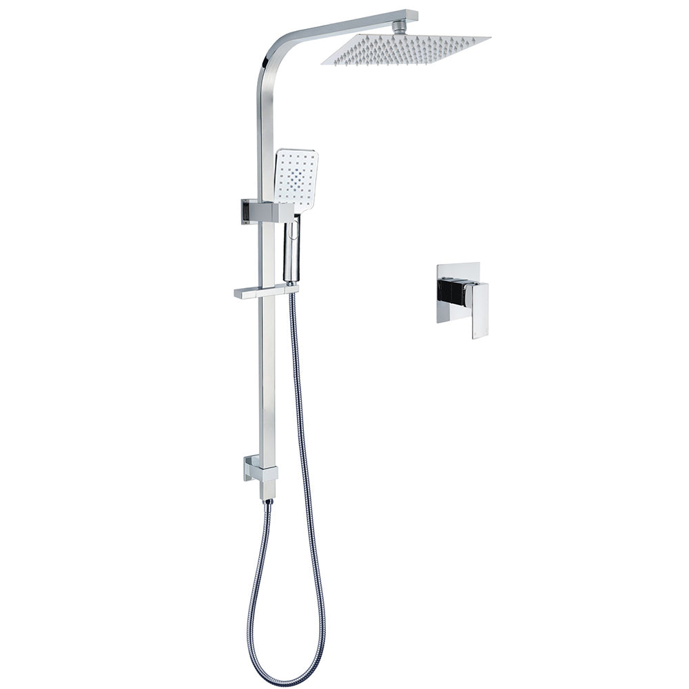 Chrome Twin Square Shower Set 8" Rain Shower Head 3 Function Handheld Rail Arm Mixer