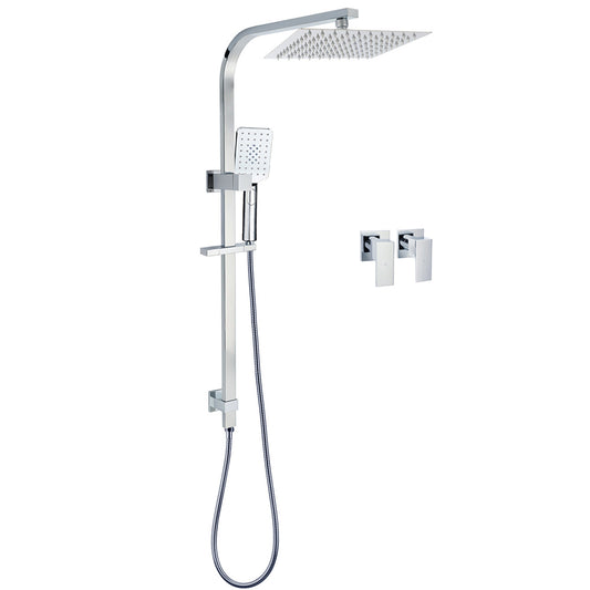 WELS Chrome 8" Twin Square Shower Set Rain Head 3 Modes Handheld Sliding Rail + Taps