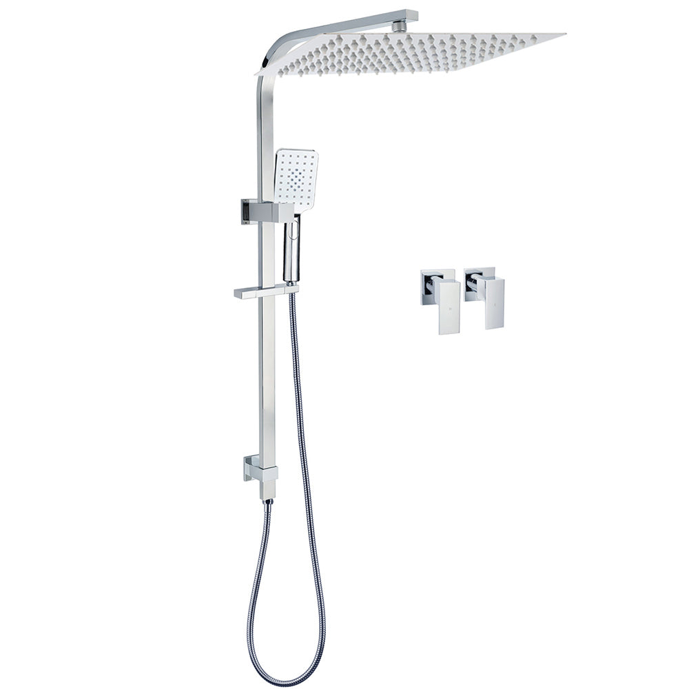 WELS Twin Square Shower Set 16" Rain Shower Head 3 Function Handheld Rail Arm Taps