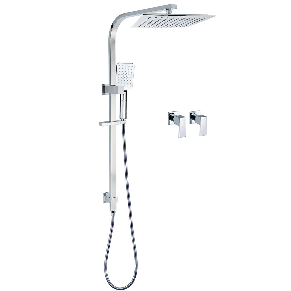 WELS 2 in 1 Square Shower Head Set 10" Rain Handheld Sliding Rail Arm Wall Double Taps