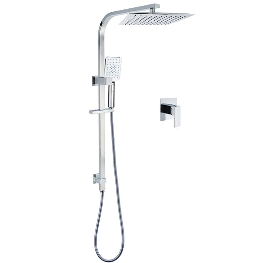 WELS 2 in 1 Square Shower Head Set 10" Rain Handheld Sliding Rail Arm Wall Mixer