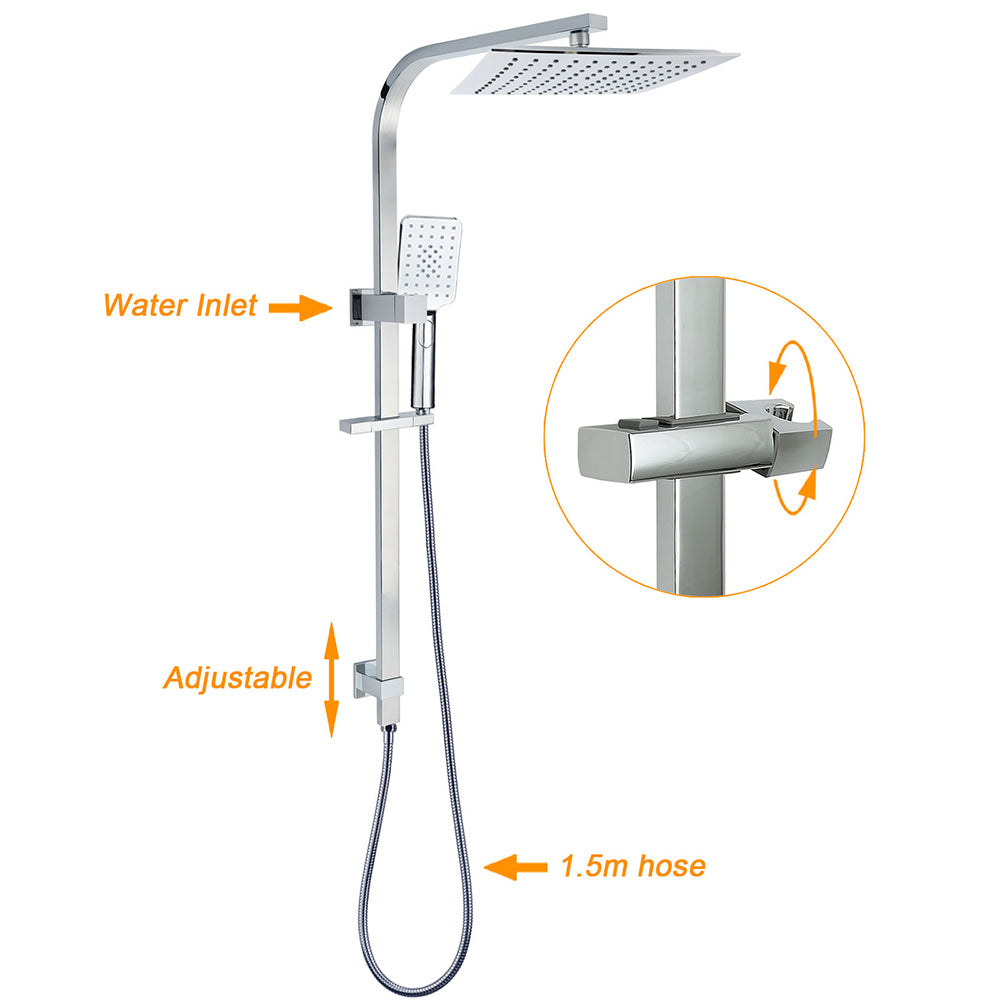WELS 2 in 1 Square Shower Head Set 10" Rain Handheld Sliding Rail Arm Wall Mixer