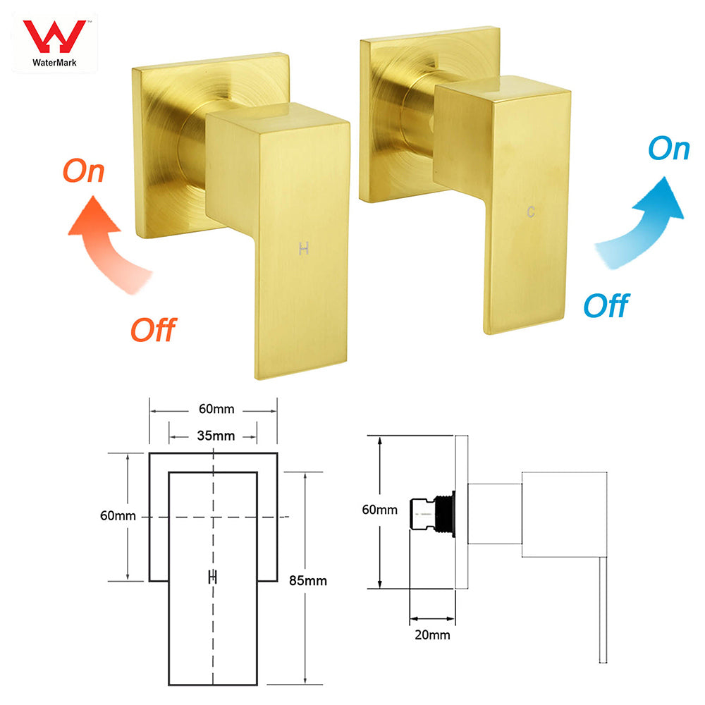 Brushed Gold Square 1/4 Turn Twin Taps Brass For Shower Head Wall Mounted Spout