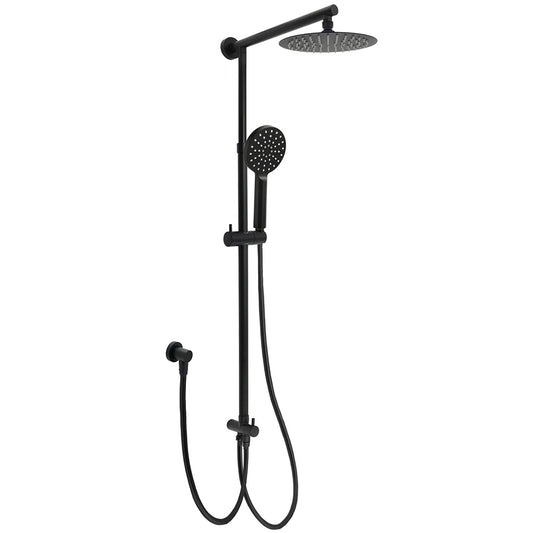 WELS Matt Black Twin Shower 8" Round Head Set 3 Mode Handheld Rose Sliding Rail Elbow Inlet