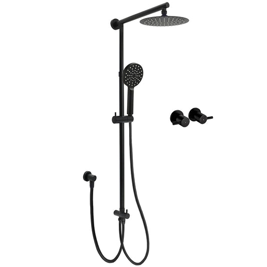WELS Matt Black 2in1 Shower 8" Round Head Set Sliding Rail 3 Mode Handheld + Twin Taps