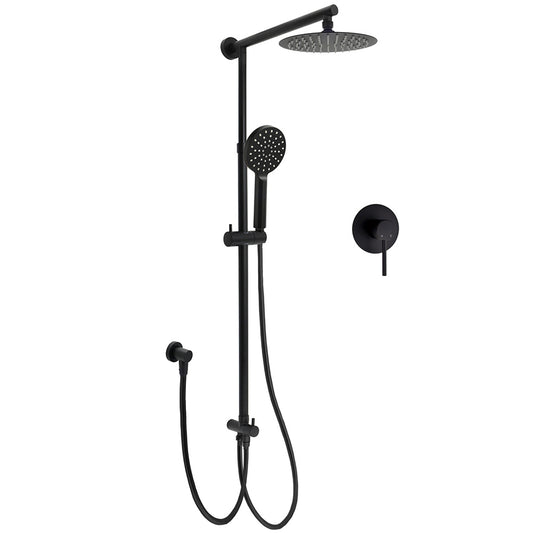 WELS Matt Black Twin Shower 8" Round Rain Head Set Sliding Rail 3 Mode Handheld + Mixer