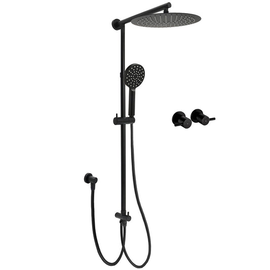 WELS Matt Black Dual 12" Round Shower Head Set Handheld Rail Wall Arm Elbow Inlet Twin Taps