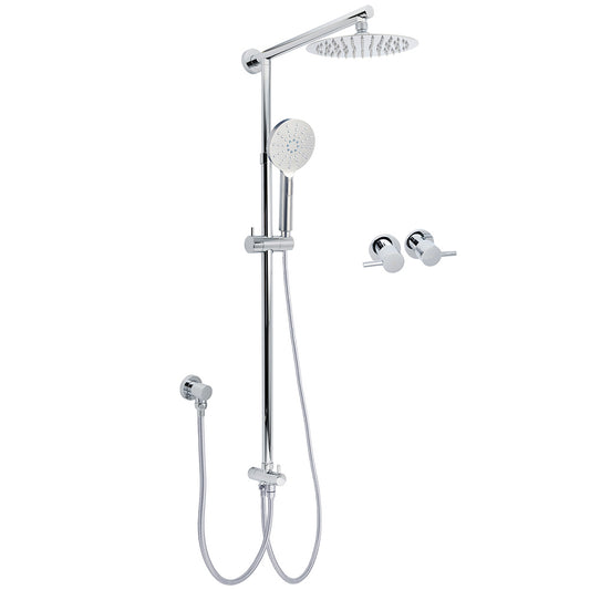 WELS Chrome Round 8" Thin Rainfall Head Handheld Sliding Rail Arm 2in1 Shower Twin Taps Set