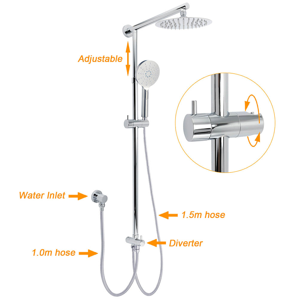WELS Chrome Round 8" Thin Rainfall Head Handheld Sliding Rail Arm 2in1 Shower Twin Taps Set