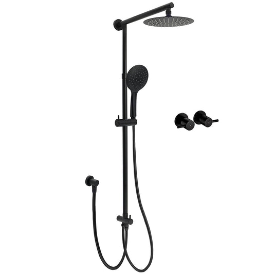 WELS Matt Black Twin Shower 8" Round Head Set Sliding Rail 3 Mode Handheld + Taps