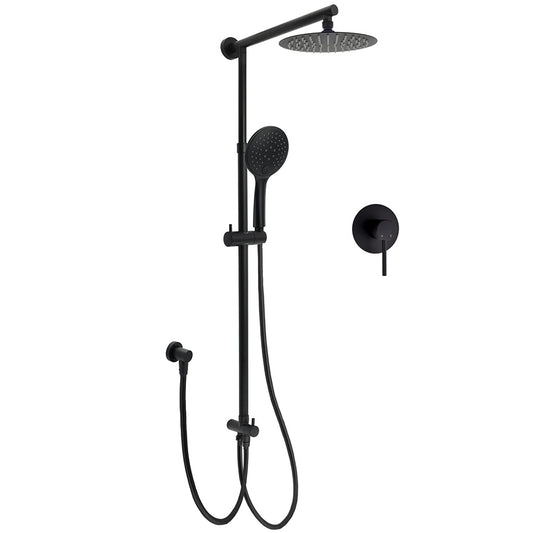 WELS Matt Black Twin Shower 8" Round Head Set Sliding Rail 3 Mode Handheld Rose + Mixer