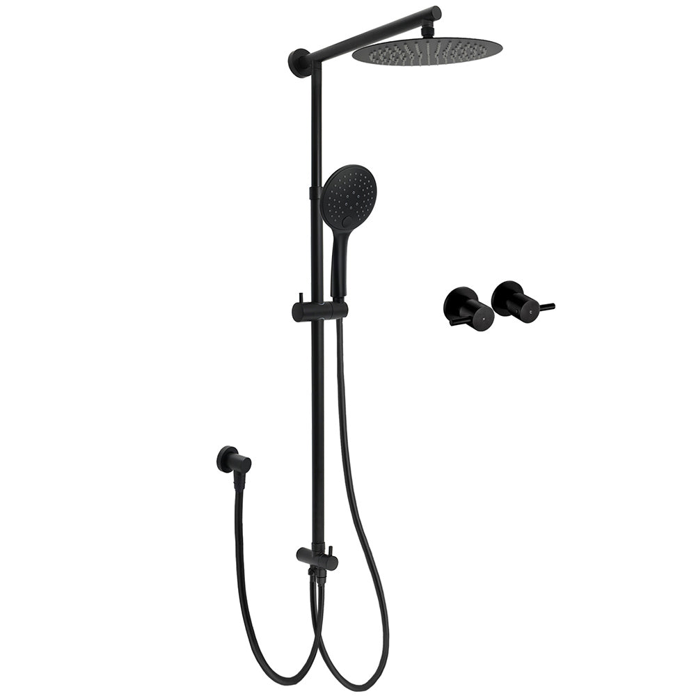 Dual Black Round Shower Set 10" Rain Head 3 Mode Handheld Sliding Rail Arm Twin Taps