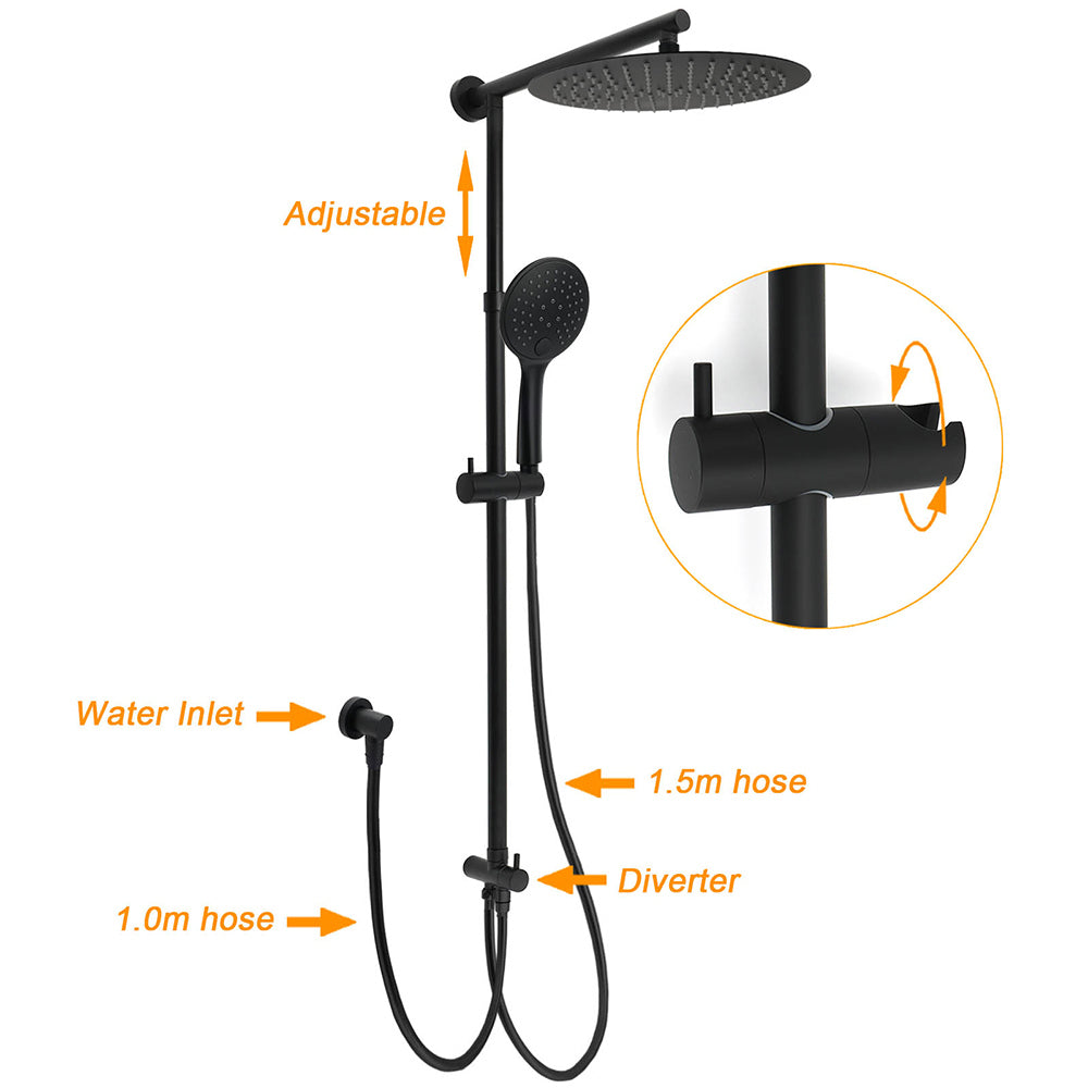 WELS Matte Black 12" 2in1 Round Shower Head Set Handheld Diverter Rail Wall Arm Twin Taps
