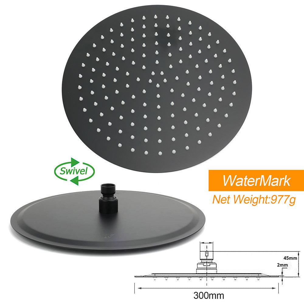 WELS Matte Black 12" 2in1 Round Shower Head Set Handheld Diverter Rail Wall Arm Twin Taps