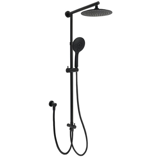 WELS Matt Black 9" Round Rain Shower Head Handheld Adjustable Rail Arm Elbow 2in1 Set