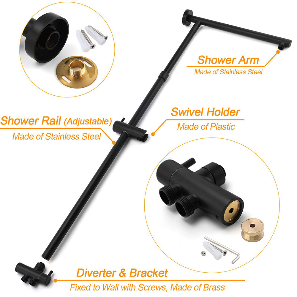 WELS Matt Black 9" Round Rain Shower Head Handheld Adjustable Rail Arm Elbow 2in1 Set