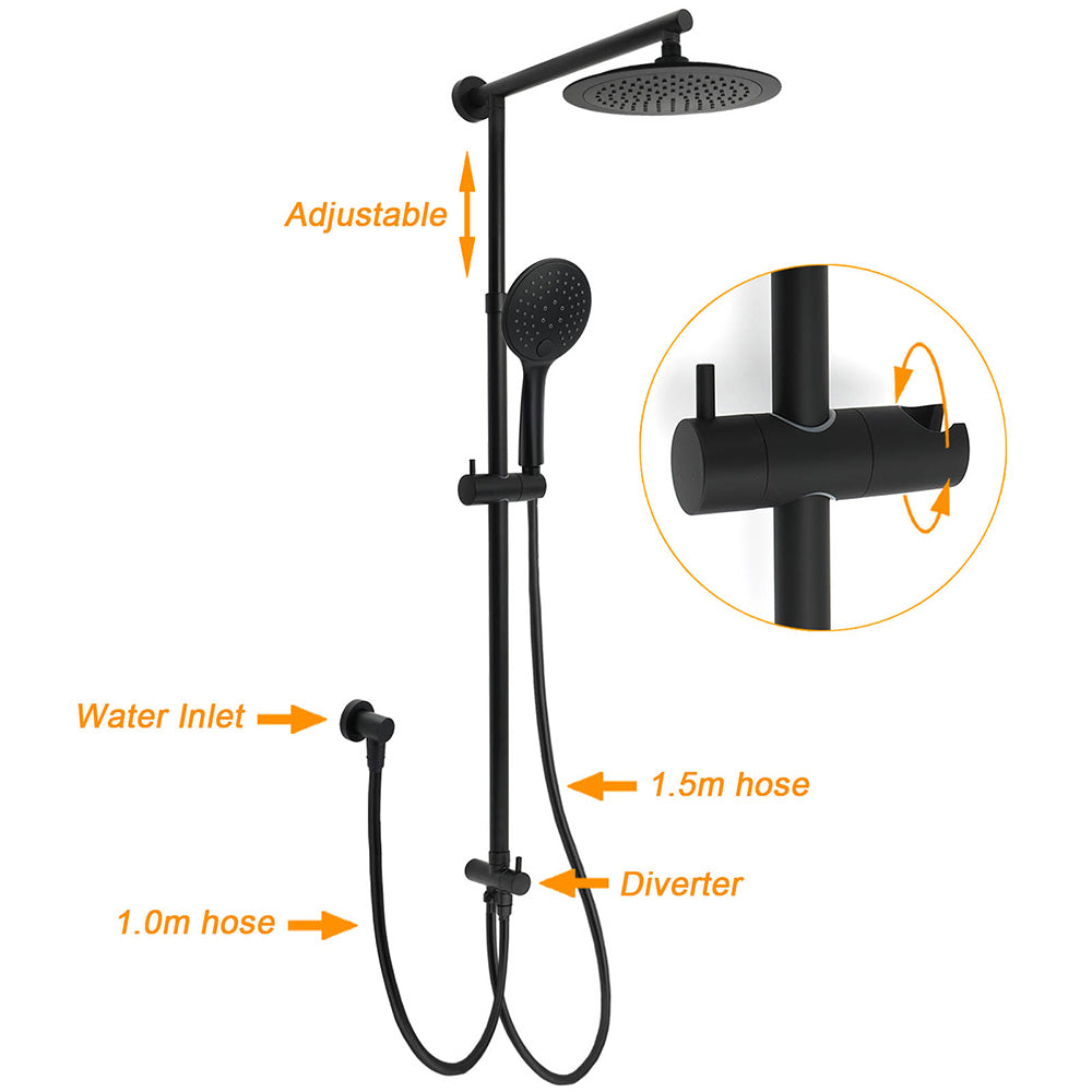 Matt Black 9" Round Rain Shower Head Handheld Adjustable Rail Arm Elbow Twin Set Hot Cold Taps
