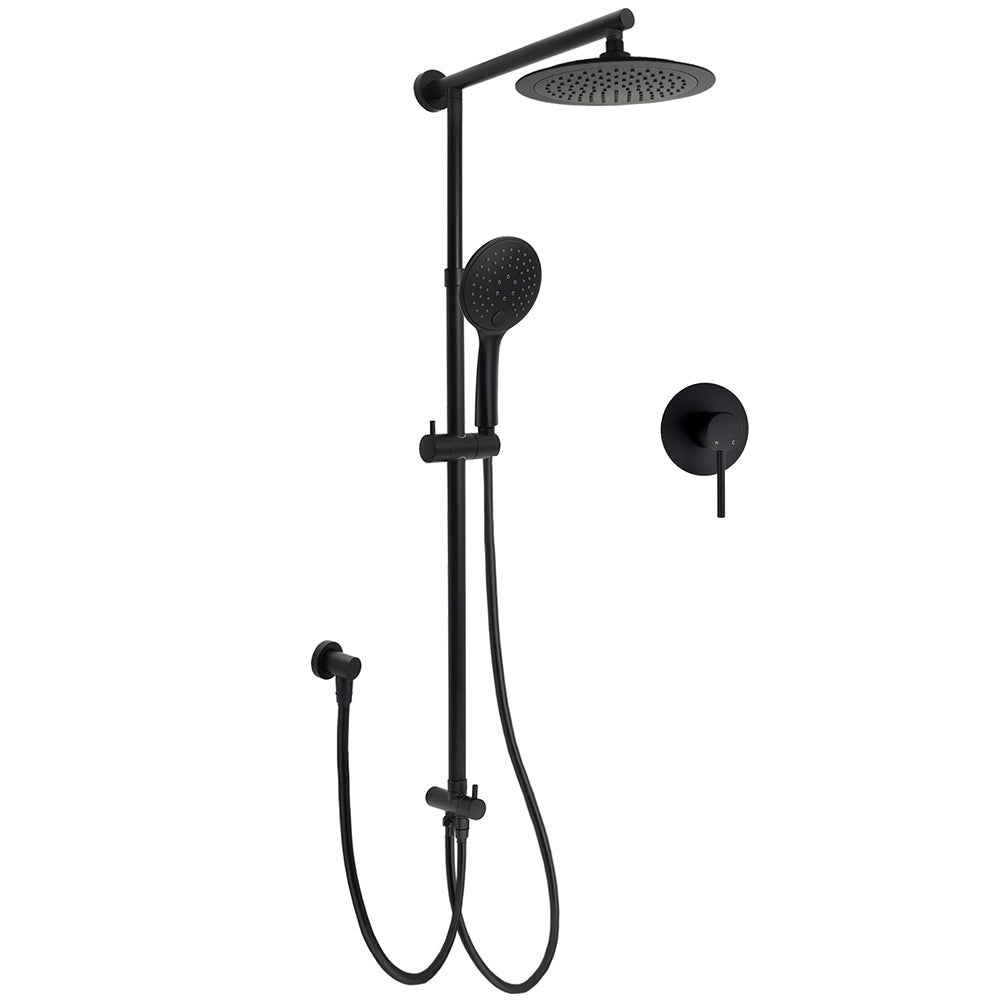 Matt Black 9" Round Rain Shower Head Handheld Adjustable Rail Arm Elbow Twin Set + Single Mixer