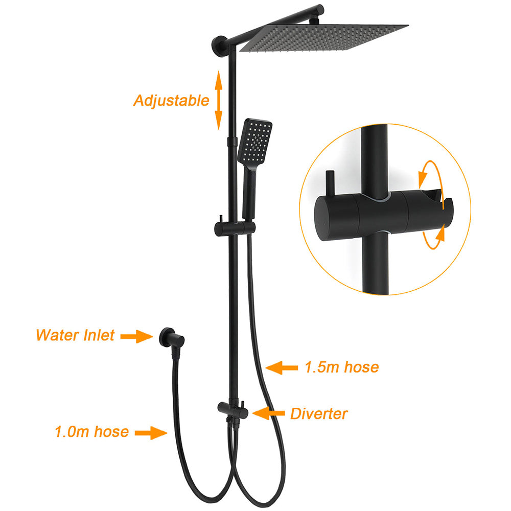 Matt Black Dual Shower Large 12" Square Head Handheld Adjustable Silde Rail Set Twin Taps