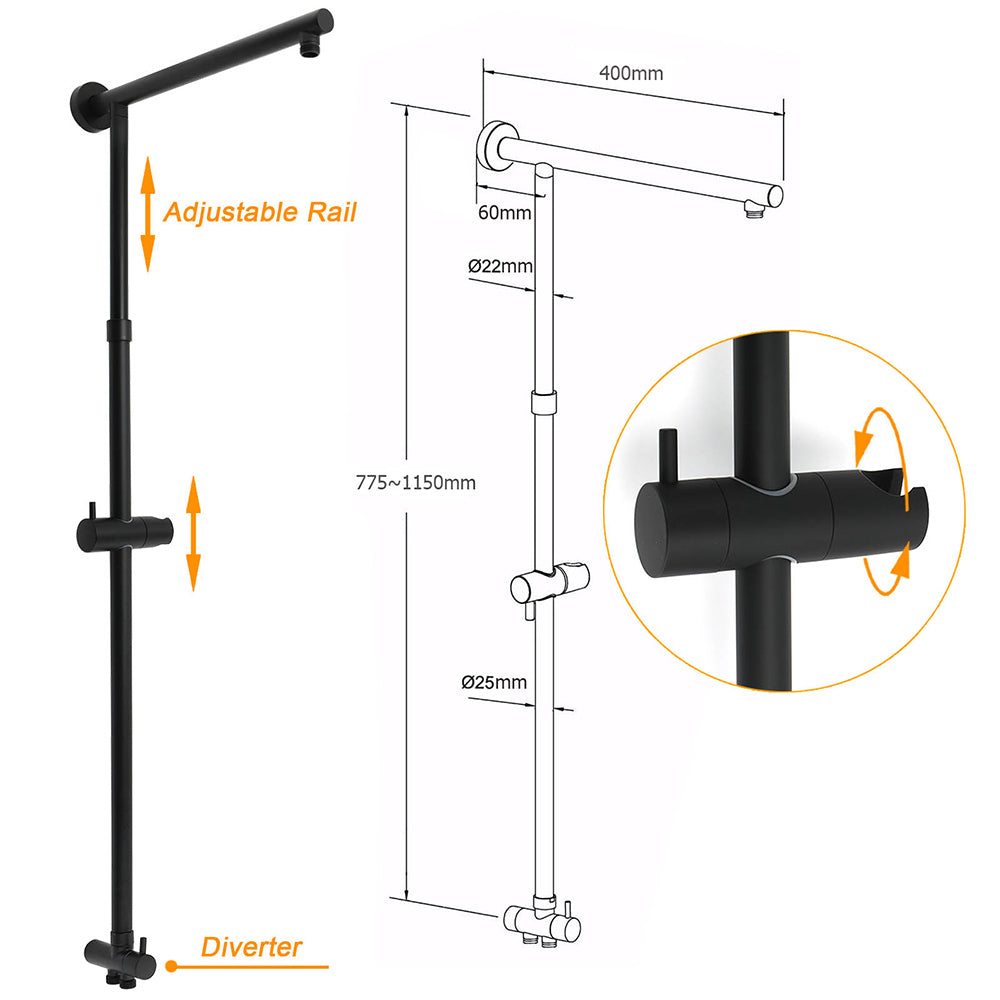 WELS Matt Black 2in1 Square 10" Rain Shower Head 3 Mode Handheld Adjustable Rail Set + Mixer