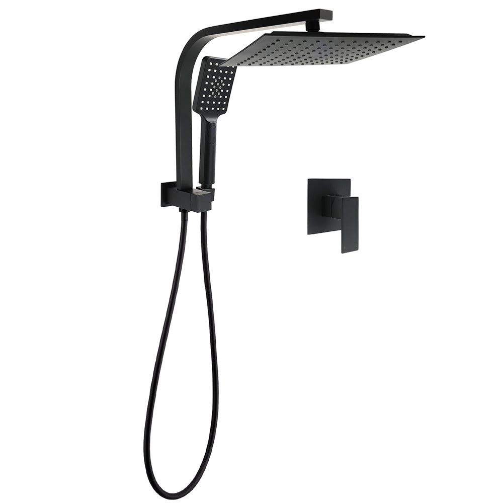 WELS Matt Black 10" Rain Shower Head 3 Mode Handheld Gooseneck Arm Diverter 2in1 Set Mixer