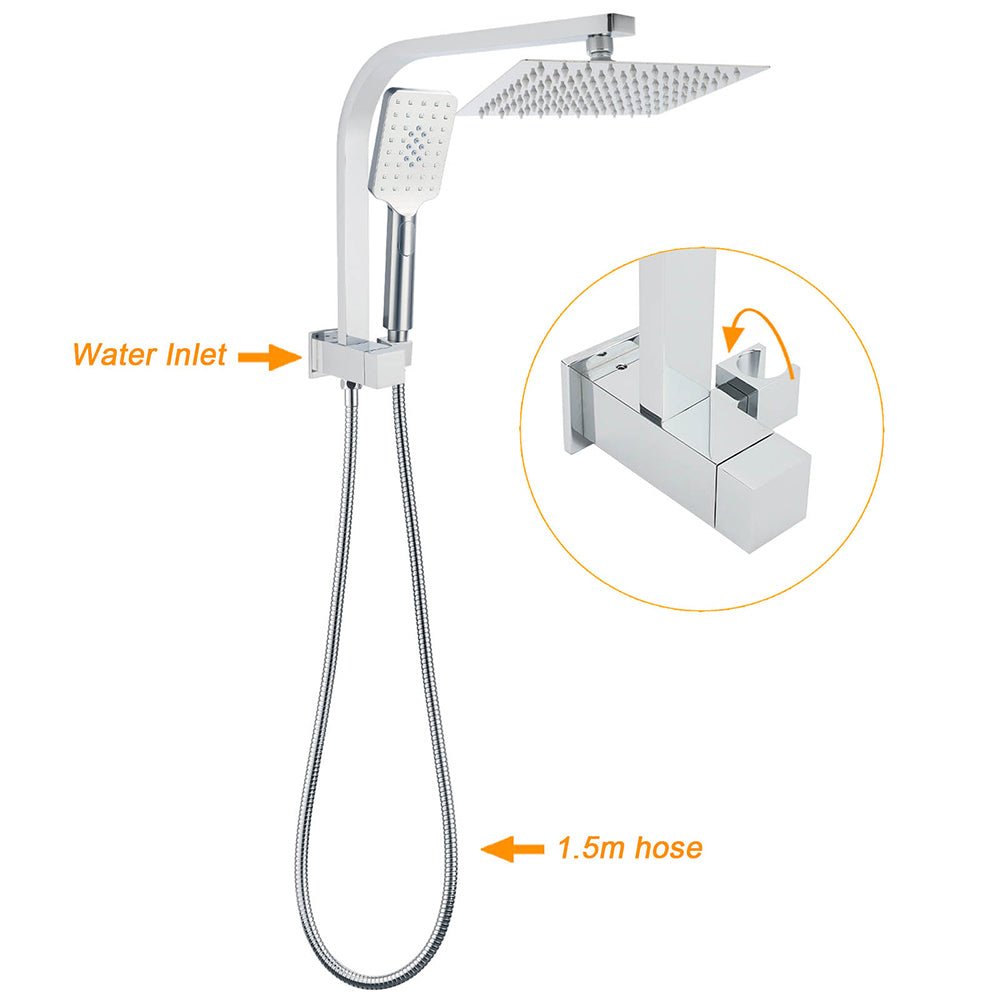 Chrome Square Twin Rain Shower 8" Head 3 Mode Handheld Diverter Wall Arm Set