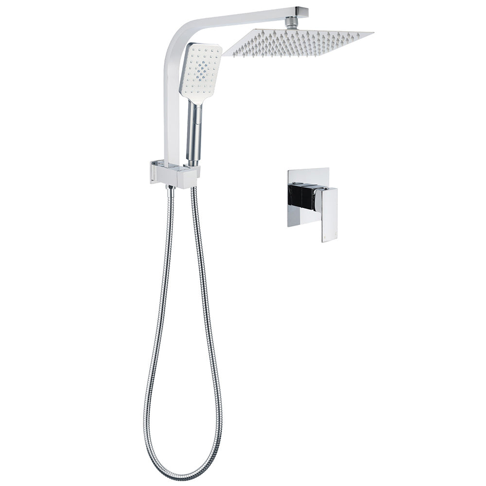 WELS Chrome Square Dual Rain Shower 8" Head 3 Mode Handheld Diverter Wall Arm Mixer Set